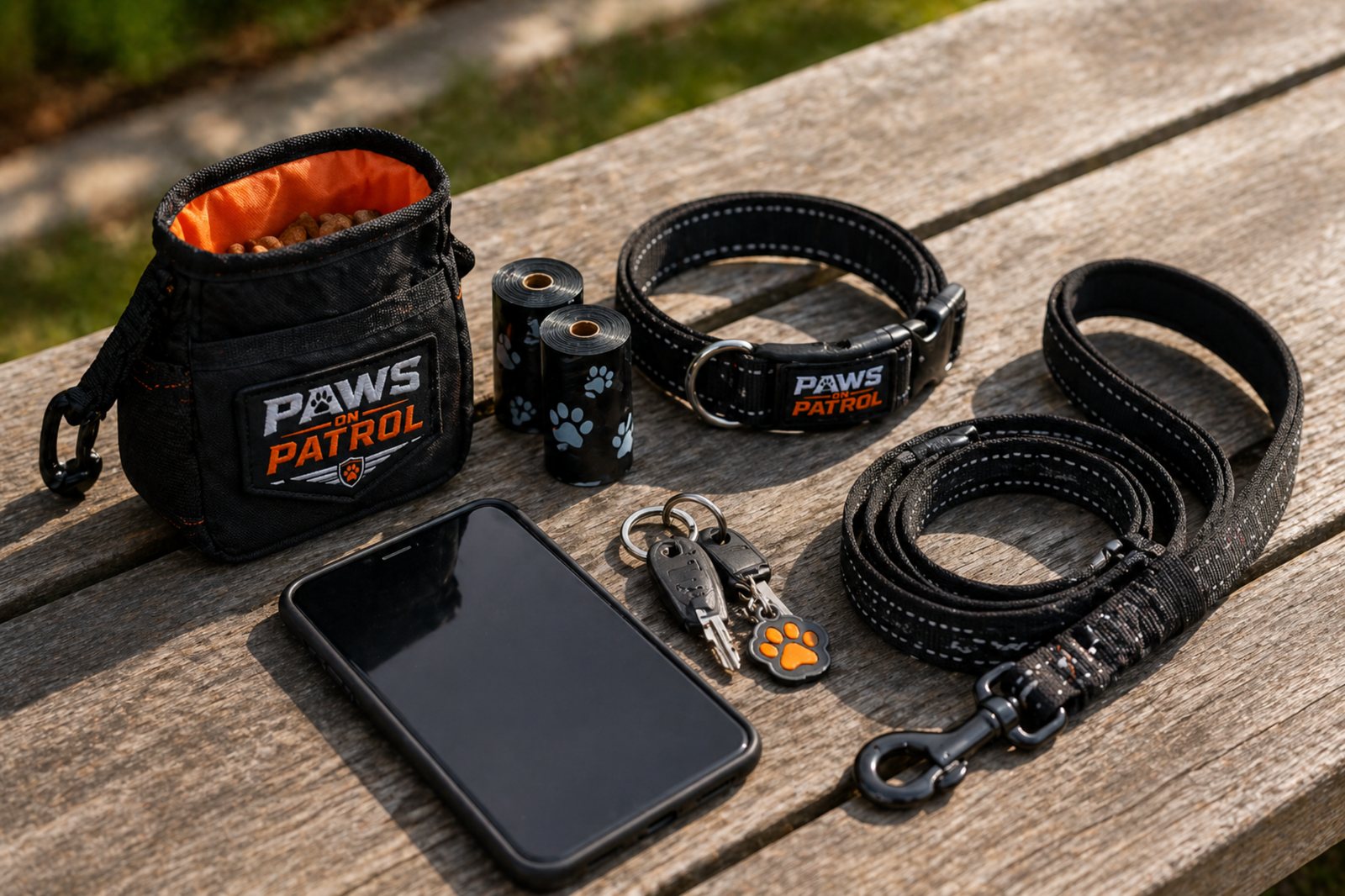 Paws on Patrol leash, collar, keys, phone, treat pouch, and dog walking gear