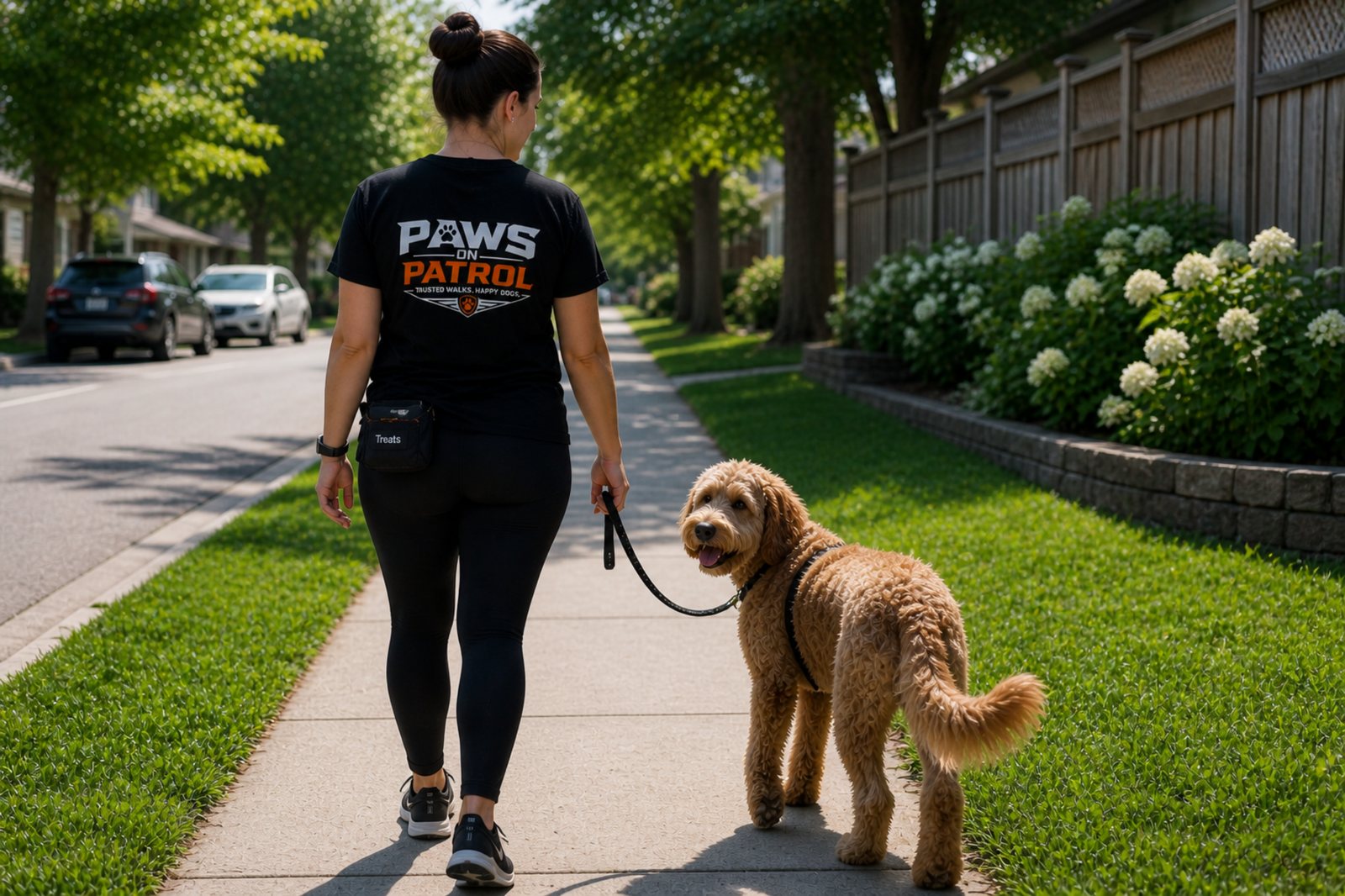 Paws on Patrol walker on a private walk with one dog on leash