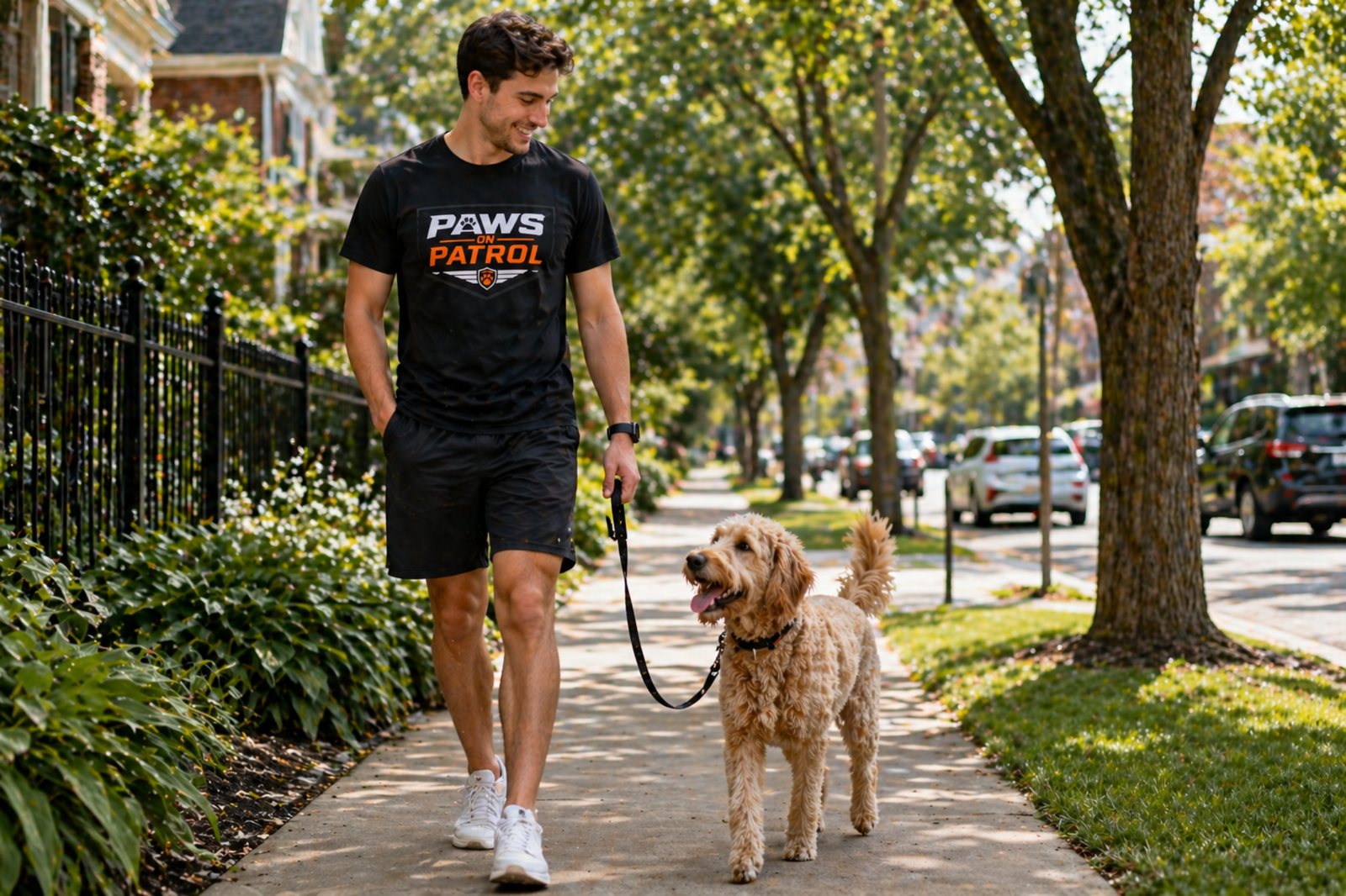 Paws on Patrol private dog walker walking one dog in a residential neighbourhood