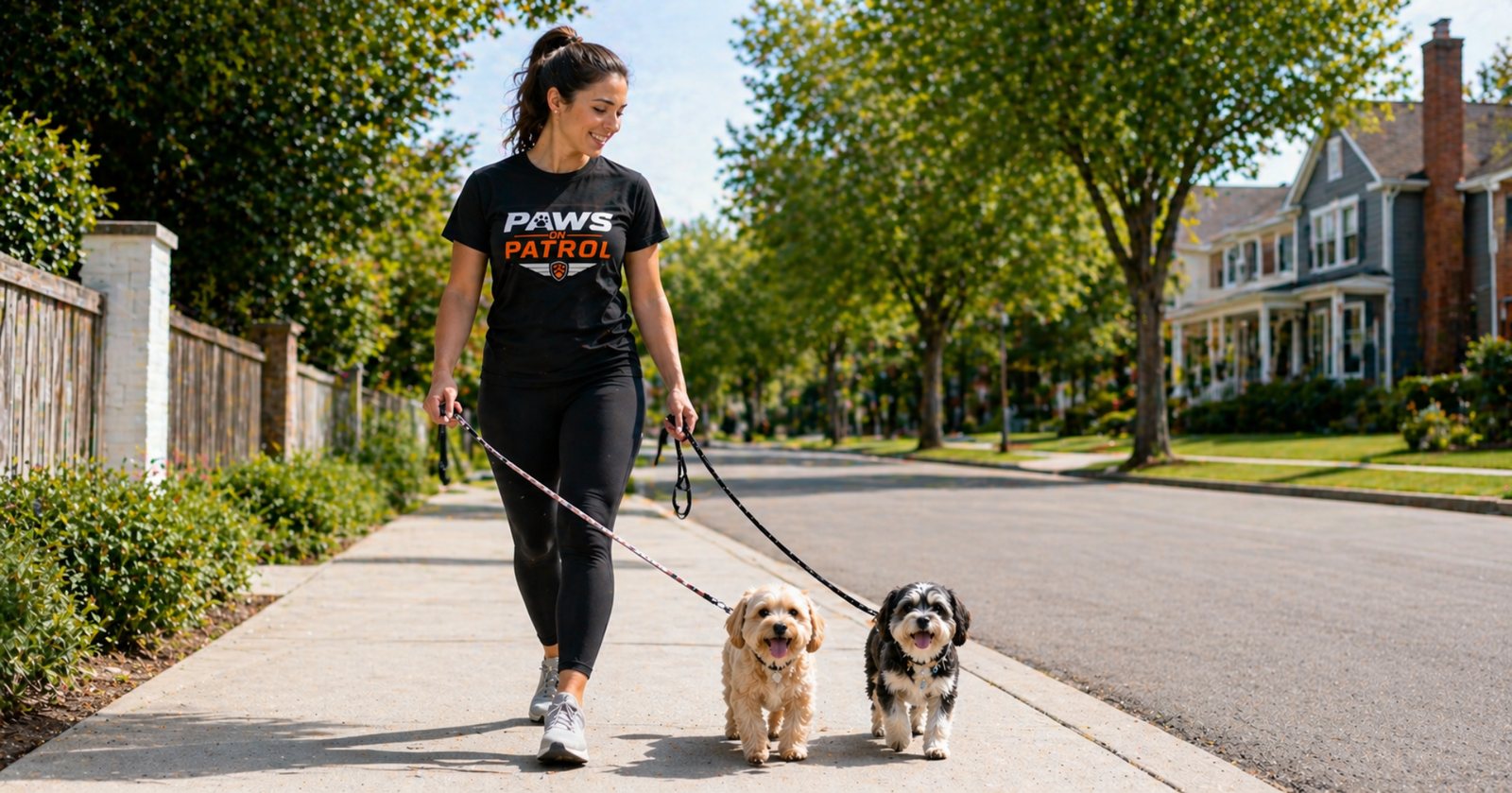 Paws on Patrol private dog walk on a Scarborough residential sidewalk