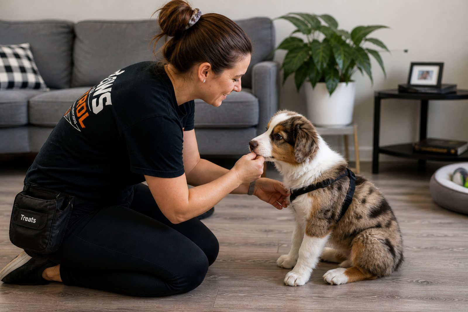 Paws on Patrol puppy check-in visit inside a client home